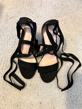 Black Lace-Up Suede Heeled Sandals